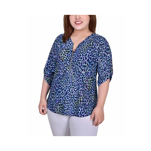 NY Collection Plus Size 3/4 Roll Tab Zip Front Jacquard Knit Top
