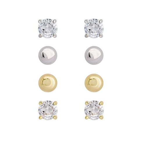 Macys Womens 14k Gold In Fine Silver Plated Ball Round Cubic Zirconia Stud Earrings Set 8 Pieces