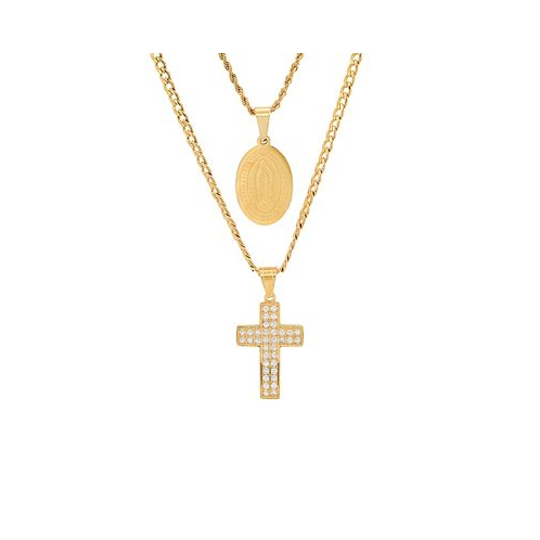 STEELTIME Mens 2 Pieces 18k Gold Plated Stainless Steel and Simulated Diamonds Double Layered Cross and Our Lady of Guadalupe Pendant Set