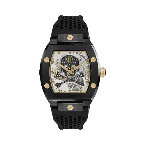 Philipp Plein Mens Automatic The $keleton Black & Gold-Tone Tonneau Strap Watch 44mm