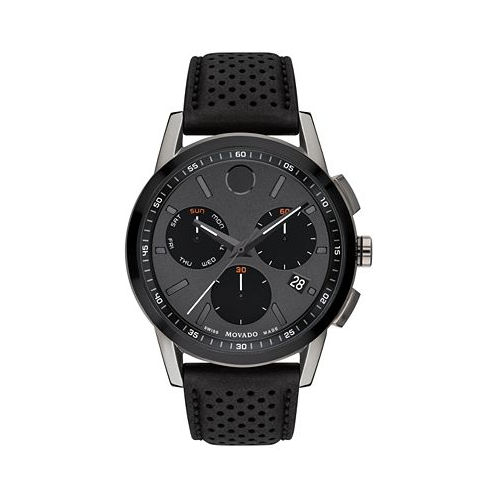 Movado Mens Swiss Chronograph Museum Sport Black Perforated Leather Strap Watch 43mm