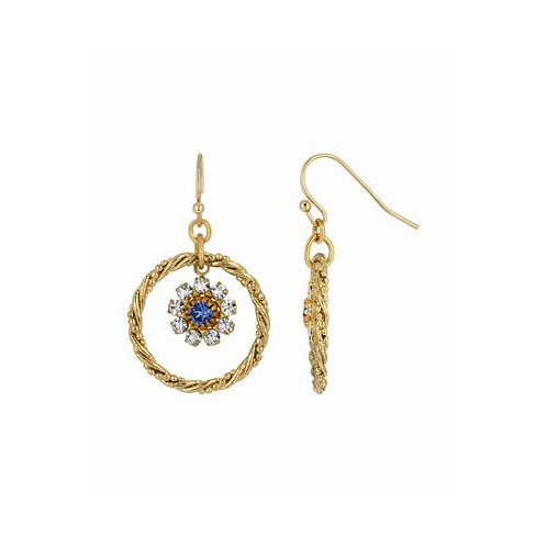 2028 Womens Gold-tone Blue Crystal Flower Drop Hoop Earrings