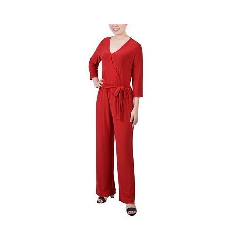 NY Collection Petite 3/4 Sleeve Belted Wide Leg Jumpsuit