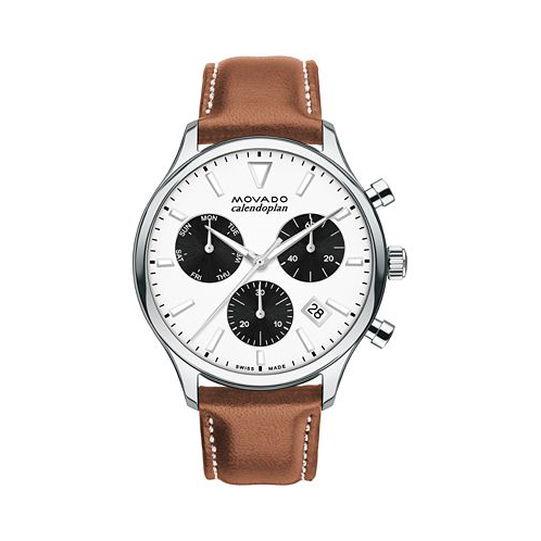 Movado Mens Heritage Cognac Brown Genuine Leather Strap Watch 43mm