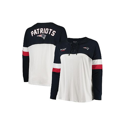 New Era Womens White Navy New England Patriots Plus Size Athletic Varsity Lace-Up V-Neck Long Sleeve T-shirt