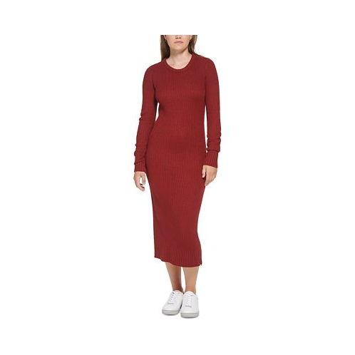 Calvin Klein Jeans Womens Ribbed Long Sleeve Crewneck Side Slit Dress