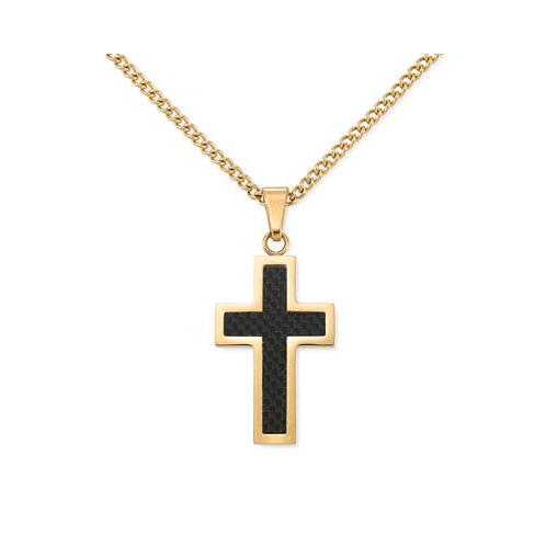 LEGACY for MEN by Simone I. Smith Black Carbon Fiber Cross 24 Pendant Necklace in Gold-Tone Ion-Plated Stainless Steel