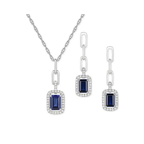 Macys 2-Pc. Set Lab-Grown Sapphire (2-1/2 ct. t.w.) & Lab-Grown White Sapphire (3/8 ct. t.w.) Halo Pendant Necklace & Drop Earrings in Sterling Silver