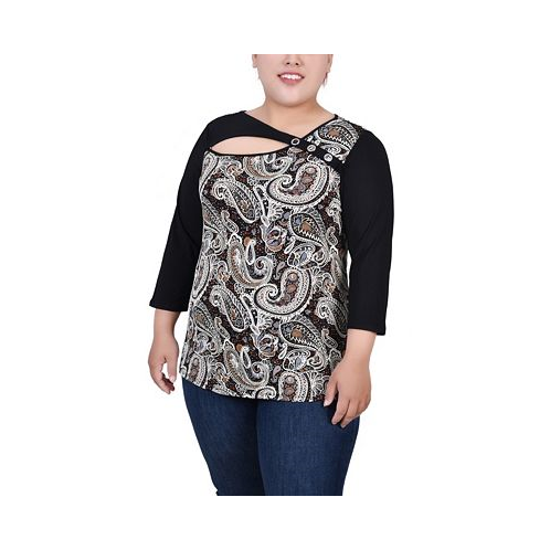 NY Collection Plus Size 3/4 Sleeve Puff Print Cutout Top