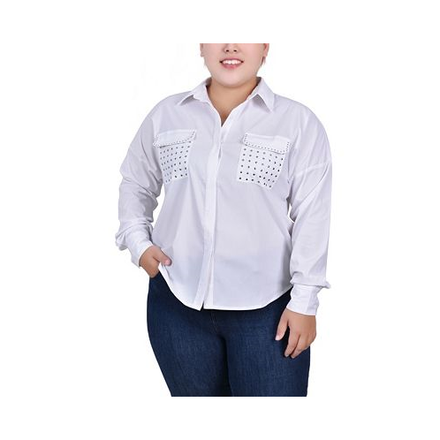 NY Collection Plus Size Long Sleeve Hidden Placket Blouse with Studs