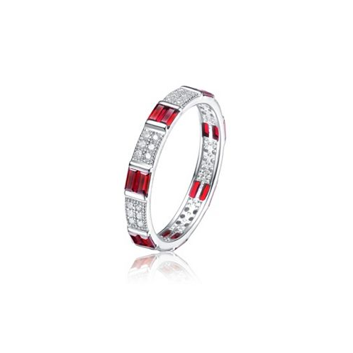 Genevive Sterling Silver White Gold Plated with Ruby Baguette & Round Cubic Zirconia Eternity Wedding Band Stacking Ring