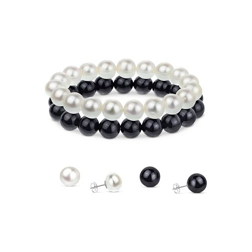 Macys 4-Pc. Set Freshwater Pearl (8 1/2 - 9 1/2mm) & Onyx Stretch Bracelets & Stud Earrings