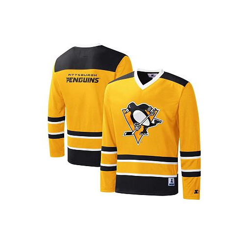 Starter Mens Gold Black Pittsburgh Penguins Cross Check Jersey V-Neck Long Sleeve T-shirt