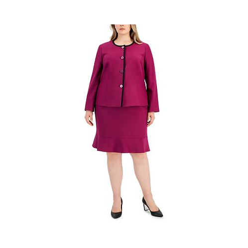 Le Suit Plus Size Framed Collarless Jacket & Flounce-Hem Skirt