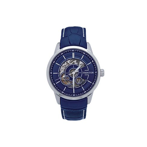 Heritor Automatic Men Davies Leather Watch - Silver/Navy 44mm