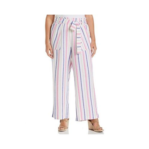 ELLA Rafaella Plus Size Stripe Wide Leg Linen Blend Paper Bag Pants