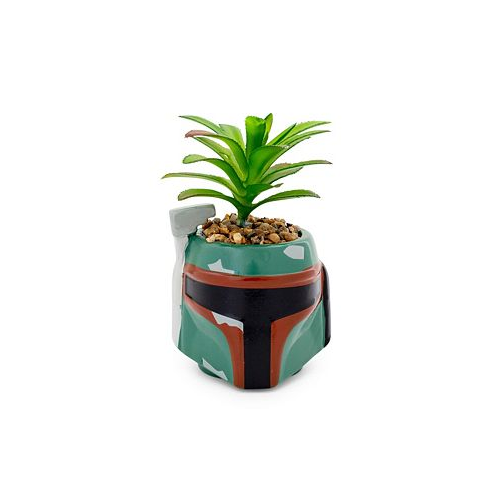 Silver Buffalo Star Wars Boba Fett Helmet 3-Inch Ceramic Planter With Artificial Succulent | Small Flower Pot Faux Indoor Plant For Desk Shelf Trinket Tray | Cute Home Decor Gifts and Collectible