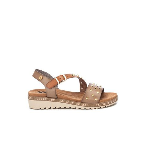 XTI Womens Wedge Sandals With Gold Studs Light Brown