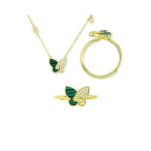 Macys 2-Pc. Set Lab-Grown Malachite & Cubic Zirconia Butterfly Pendant Necklace & Matching Ring in 14k Gold-Plated Sterling Silver