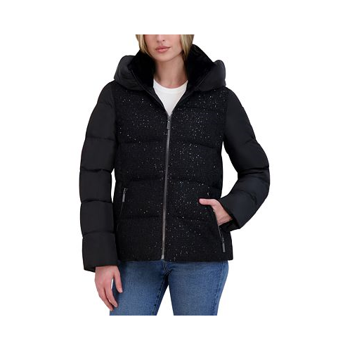 Laundry by Shelli Segal Womens Sparkle Hooded Puffer Coat