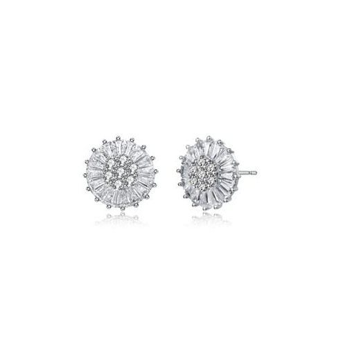 Genevive Sterling Silver with White Gold Plated Round and Baguette Cubic Zirconia Stud Earrings