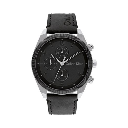 Calvin Klein Mens Multifunction Black Leather Strap Watch 44mm