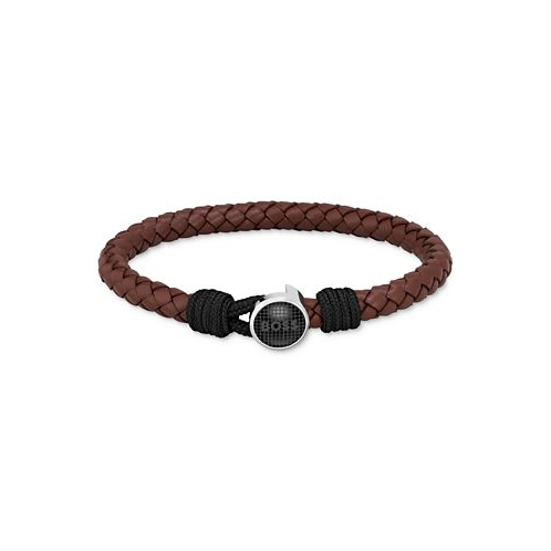 BOSS Mens Thad Classic Brown Leather Braided Bracelet
