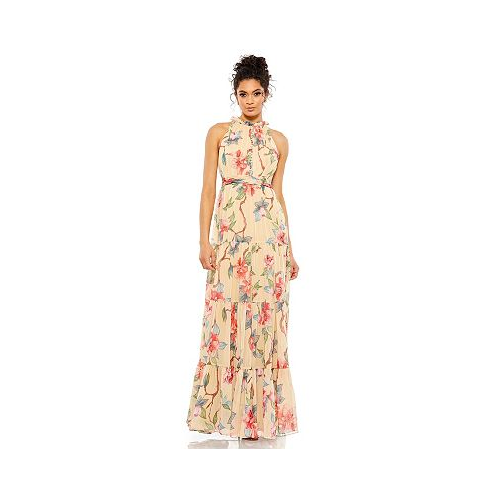 Mac Duggal Womens Ieena Halter Sleeveless Floral Print Gown