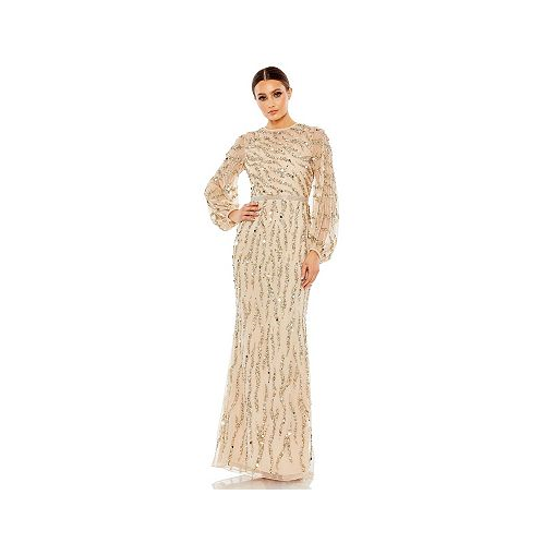 Mac Duggal Womens Embellished High Neck Puff Sleeve Trumpet Gown