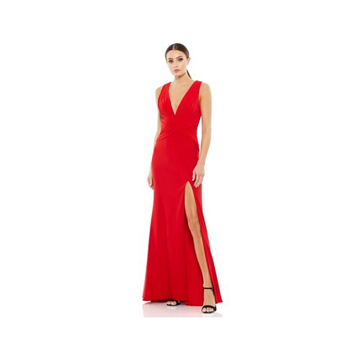 Mac Duggal Womens Ieena Pleated Wrapping Sleeveless Jersey Gown