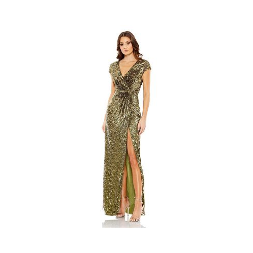 Mac Duggal Womens Sequined Faux Wrap Cap Sleeve Gown