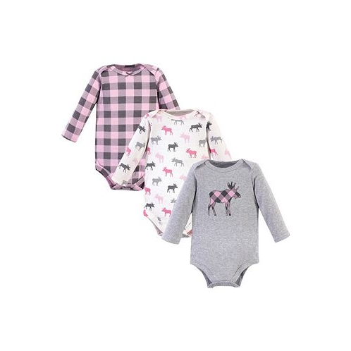 Hudson Baby Baby Girls Cotton Long-Sleeve Bodysuits Pink Moose 3-Pack