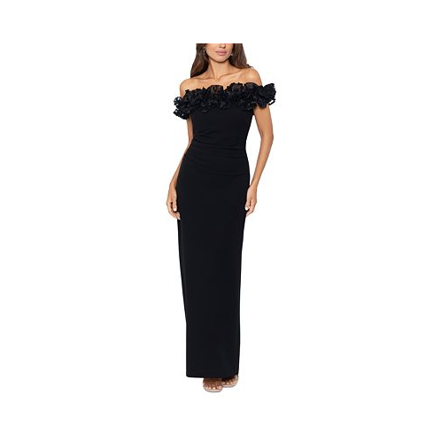 XSCAPE Womens Floral Ruffled Off-The-Shoulder Gown