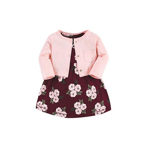 Hudson Baby Toddler Girls Cotton Dress and Cardigan 2pc Set Burgundy Floral