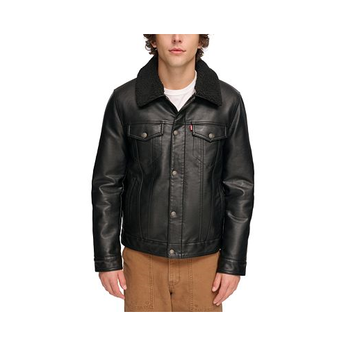 Levis Mens Sherpa-Trim Faux-Leather Trucker Jacket