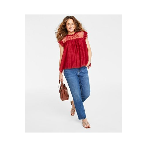 On 34th Womens Tulle Flutter-Sleeve Top