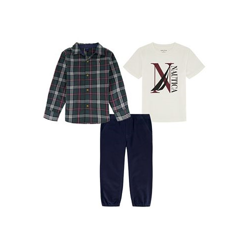 Nautica Baby Boys J-Class Logo T-shirt Long Sleeve Plaid Shirt and Twill Joggers 3 Piece Set