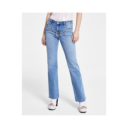 GUESS Womens Embellished-Chain Straight-Leg Denim Jeans