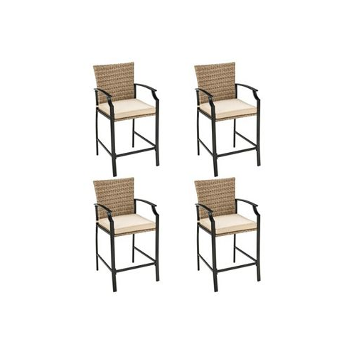 Slickblue Patio Rattan Bar Stools Set of 4 with Soft Cushions