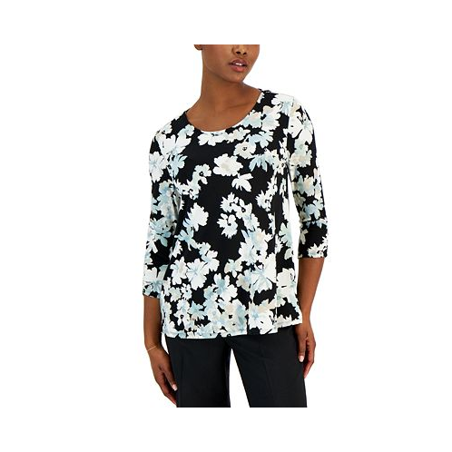 AK Anne Klein Petite Floral Ruched-Sleeve Top