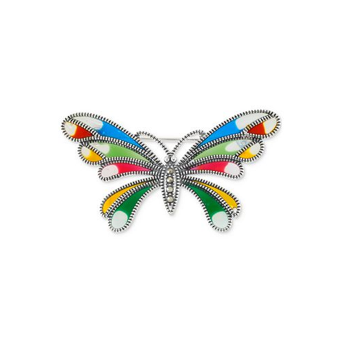 Macys Marcasite (1/10 ct. t.w.) Cubic Zirconia & Multicolor Enamel Butterfly Pin in Sterling Silver