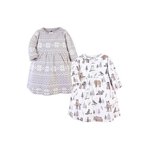 Hudson Baby Infant Girl Cotton Long-Sleeve Dresses 2pk Gray Winter Forest