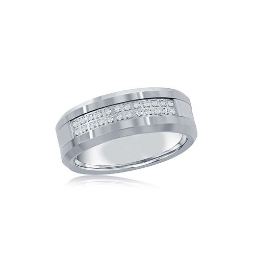 Metallo Brushed and Polished Double Row CZ Silver Tungsten Ring