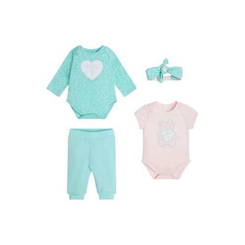 GUESS Baby Girls Bodysuits with Reversible Joggers and Headband 4 Piece Set