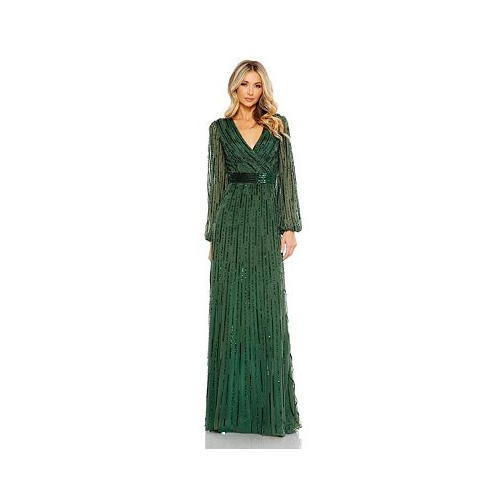 Mac Duggal Womens Sequined Wrap Over Puff Sleeve Gown