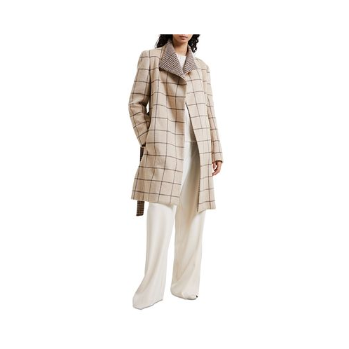 French Connection Womens Fran Plaid Belted Coat