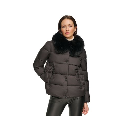 DKNY Womens Faux-Fur-Trim Collar Puffer Coat