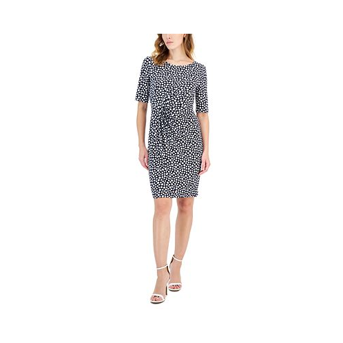 Connected Petite Elbow-Sleeve Gathered Jersey Sheath Dress