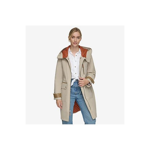 Andrew Marc Womens Gemas Lightweight Parka Coat With Matte Shell and Faux Leather Details