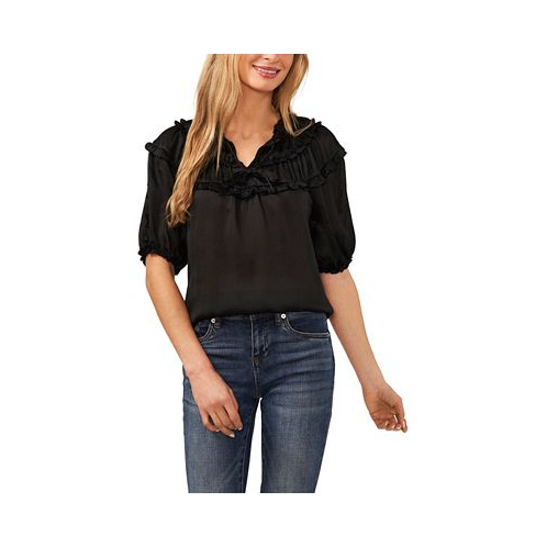 CeCe Womens Short Sleeve Shirred Yoke Top with Self Neck Tie